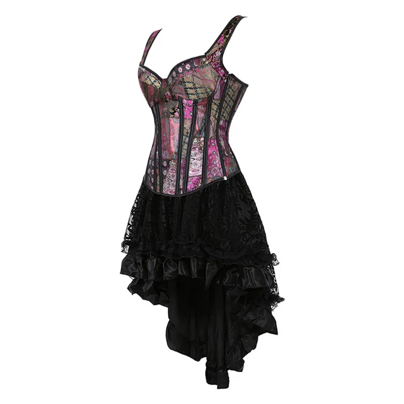 Gothic Corset Dress Women Straps Overbust Bustier Vest with Lace Skirt Set Burlesque Vintage Corselet Plus Size Party Clubwear