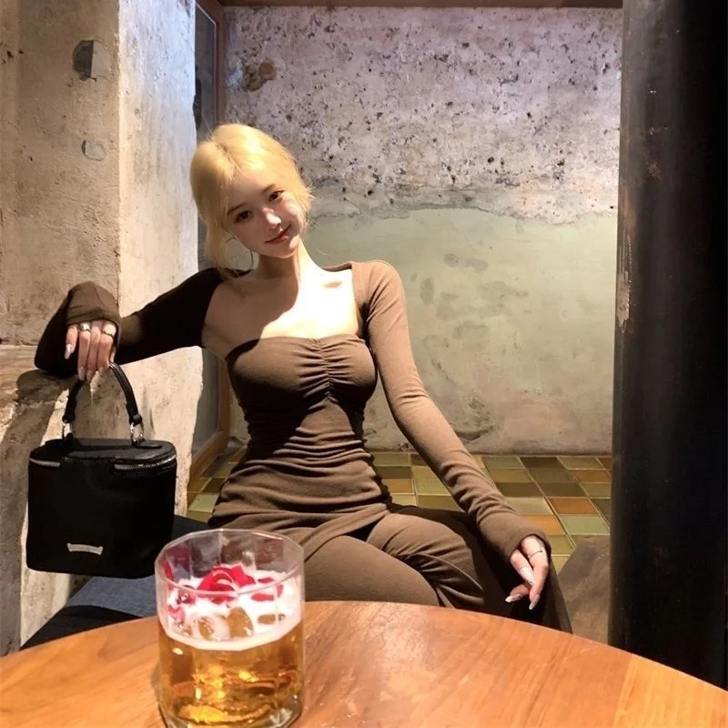 

Women's Y2K Three-Piece Set with Flared Pants - Vintage Ruched Top & High Waist Bell Bottoms, Sexy Edgy Streetwear Spring Autumn