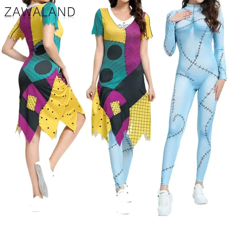 

Zawaland Anime Sally Cosplay Costume Blue Scars Printed Party Bodysuits Halloween Fancy Party Dress Carnival Matching Outfit