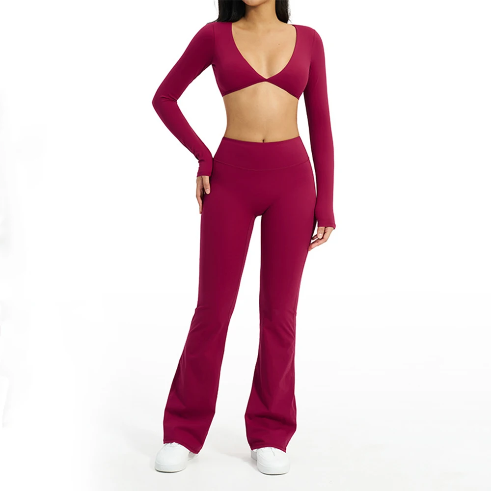 

Женский спортивный костюм из 2 предметов: комплект для йоги с расклешенными брюками с высокой талией и топом с глубоким V-образным вырезом, для фитнеса и тренировок