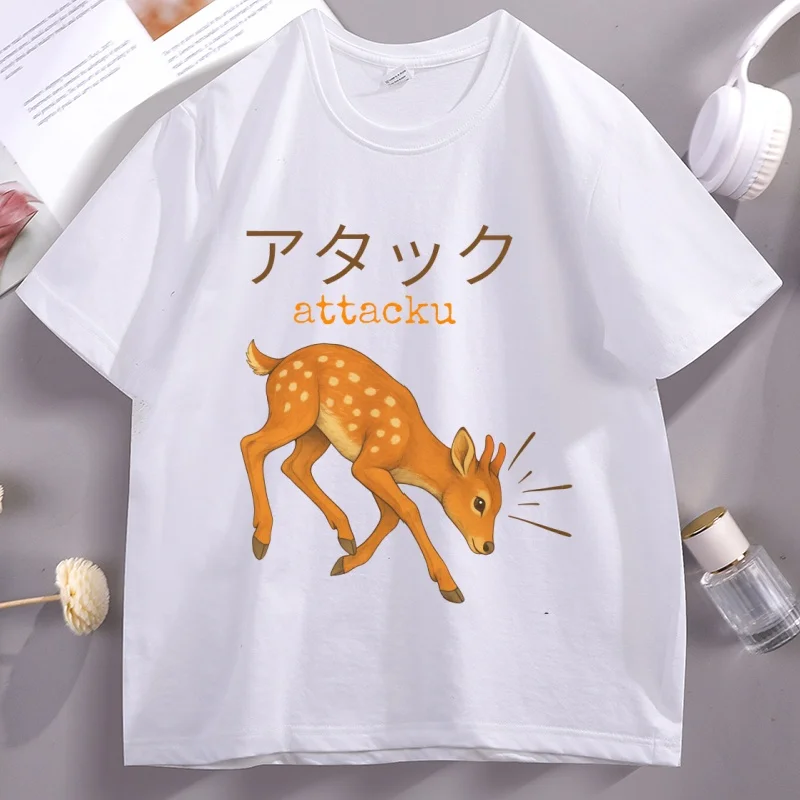 

Funny Japanese Deer T-Shirt Men Women Animal Graphic T Shirts Casual Short Sleeve Round Neck Printed Tshirt Vintage Streetwear