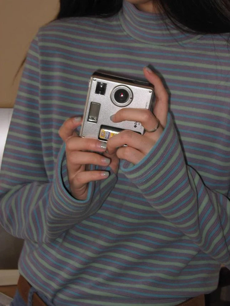 Gestreepte Half Coltrui Vrouwen T-shirt Winter Nieuwe Losse Lange Mouw Warme Basis Tops Y2K Koreaanse Chic Preppy Alle Match Tees Mujer