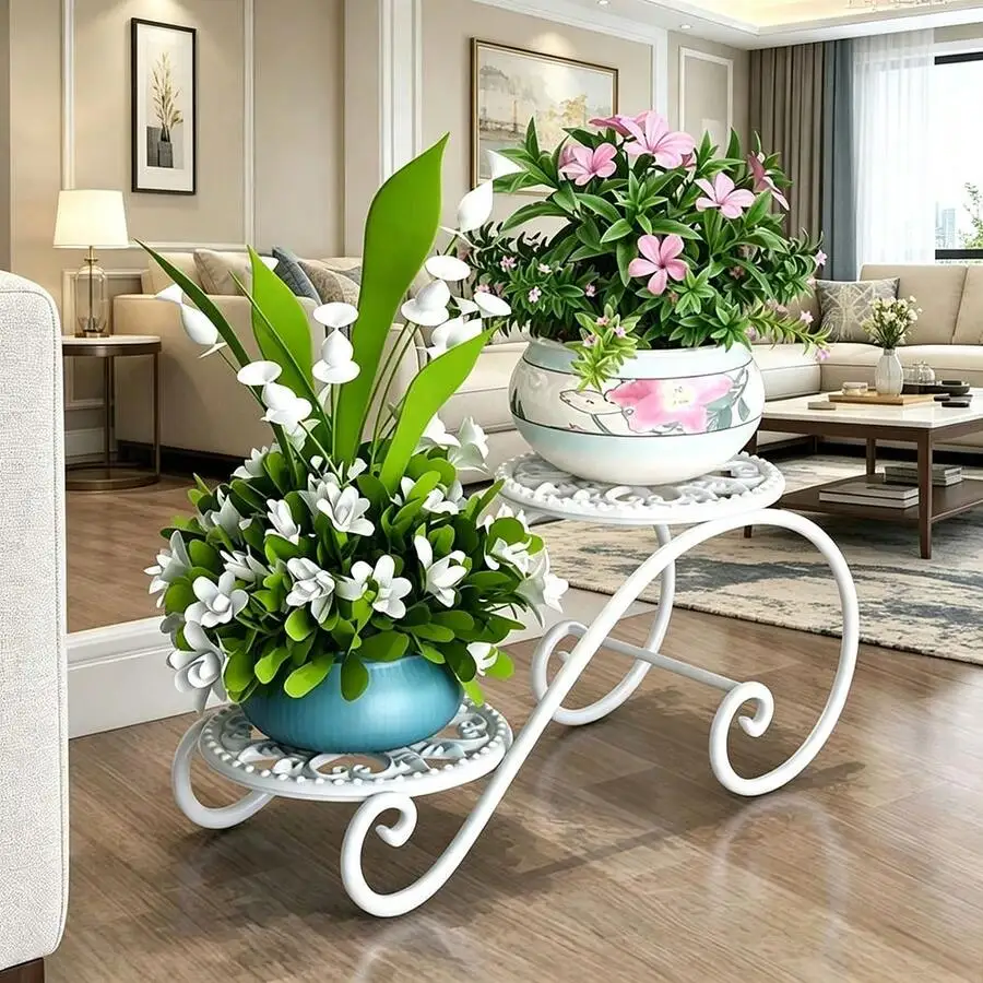 2-Tier Floor Plant Stand European Style Indoor Flower Pot Holder Multifunctional Display Rack For Balcony Home Decor