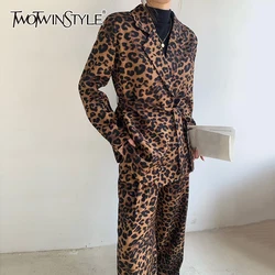 TWOTWINSTYLE Temperament Two Piece Set For Women Notched Collar Long Sleeve Blazer High Waist Wide Leg Pant Leopard Sets Female