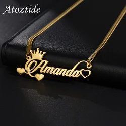 Atoztide Personalized Custom Name Necklaces Crown Heart Stainless Steel Pendant Blade Chain for Women Christmas Jewelry Gift