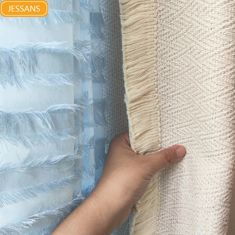 Sea Salt Blue Cake Yarn Cream Color Woven Jacquard Tassel Curtains for Living Room Bedroom Customized French Window Finished