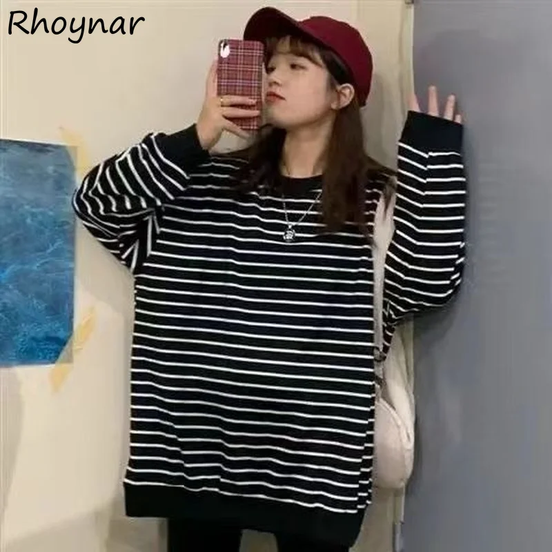 

Sweatshirts Women Striped All-match O-neck M-5XL Retro Stylish New Elegant Soft Loose Female Streetwear Leisure Ulzzang Korean