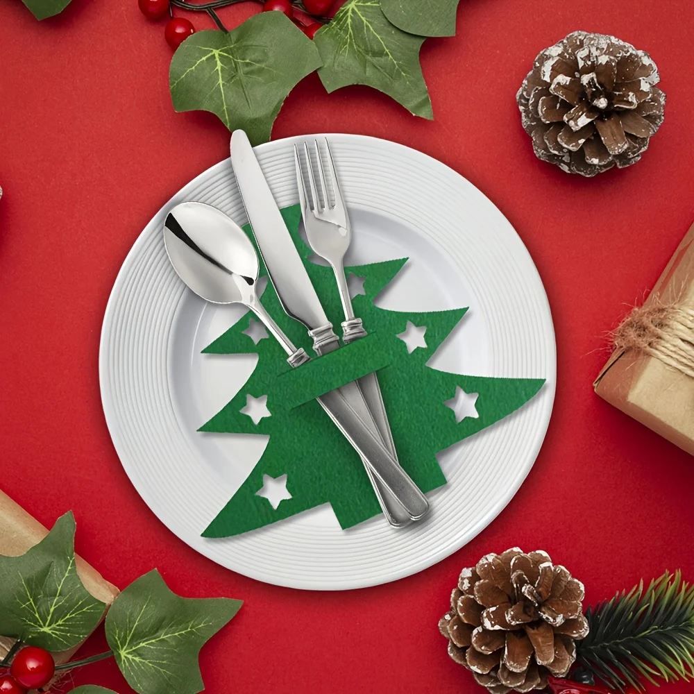 12pcs Christmas Tree Felt Placemats Christmas Table Mats with Star Cutouts Heat Resistant Non-Slip Dining Place Mats