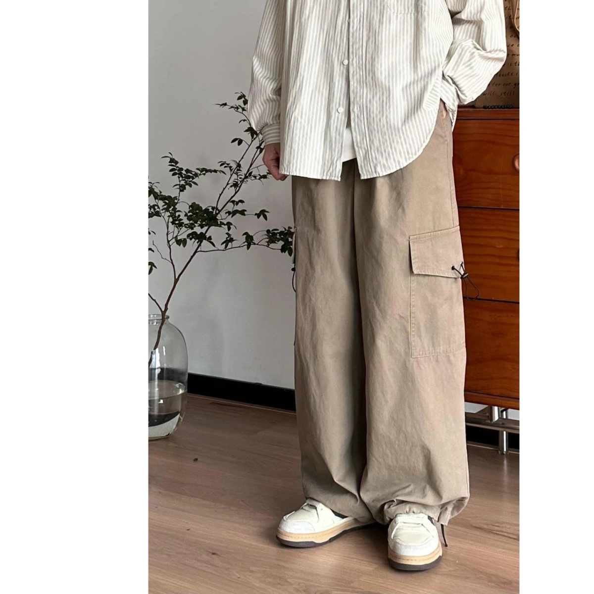 

Мужские повседневные брюки в японском ретро-стиле, однотонные, свободного кроя, с завязками, прямые, длинные, рабочие брюки