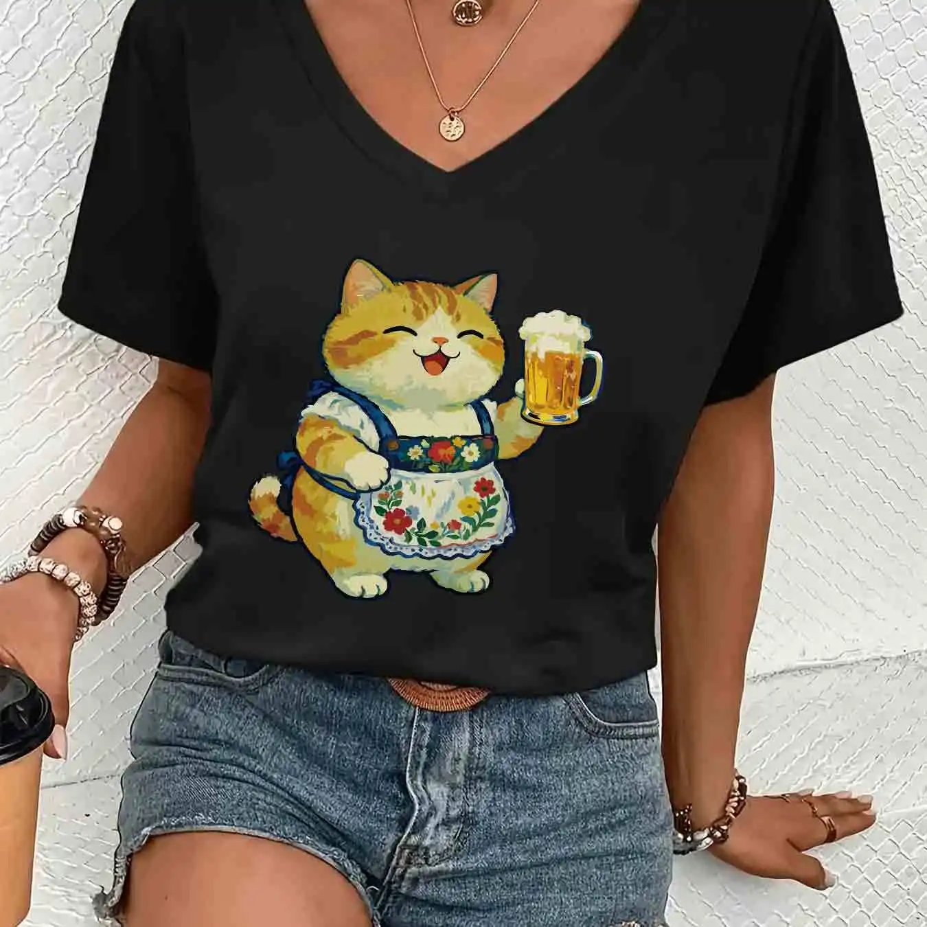 

Animal Pattern Women's T-shirt 3D Funny Cat Printed Short Sleeve Tops Daily Leisure Fashion Breathable V-neck Female Clothing