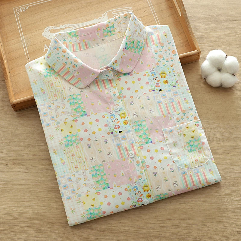 ربيع الخريف الأزهار الكرتون المطبوعة بلوزات بأكمام طويلة ملابس حريمي عادية الحلو جيب كبير الإناث قمصان قطنية وبلوزات K111 #2