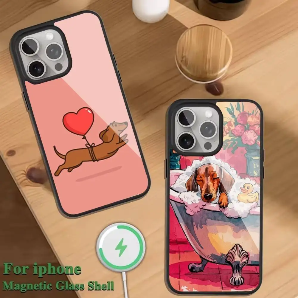 

Cartoon Pink Dachshund Dog Phone Case For Magnetic Wireless Charge Cover For iphone 16 15 14 13 12 11 Pro Max Plus Coque