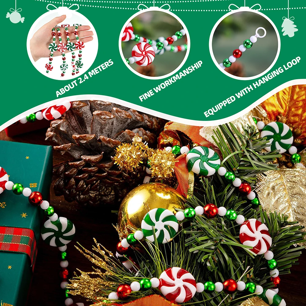 2.4M Colorful Candy Pendants Garland String Bead Christmas Tree Hanging Ornaments for Fireplace Wreath Home Decor Party Supplies