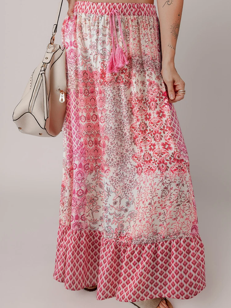 

Новая женская летняя юбка с цветными блоками и бахромой, длинная юбка с завязками, прямая юбка-труба с высокой талией, А-силуэт