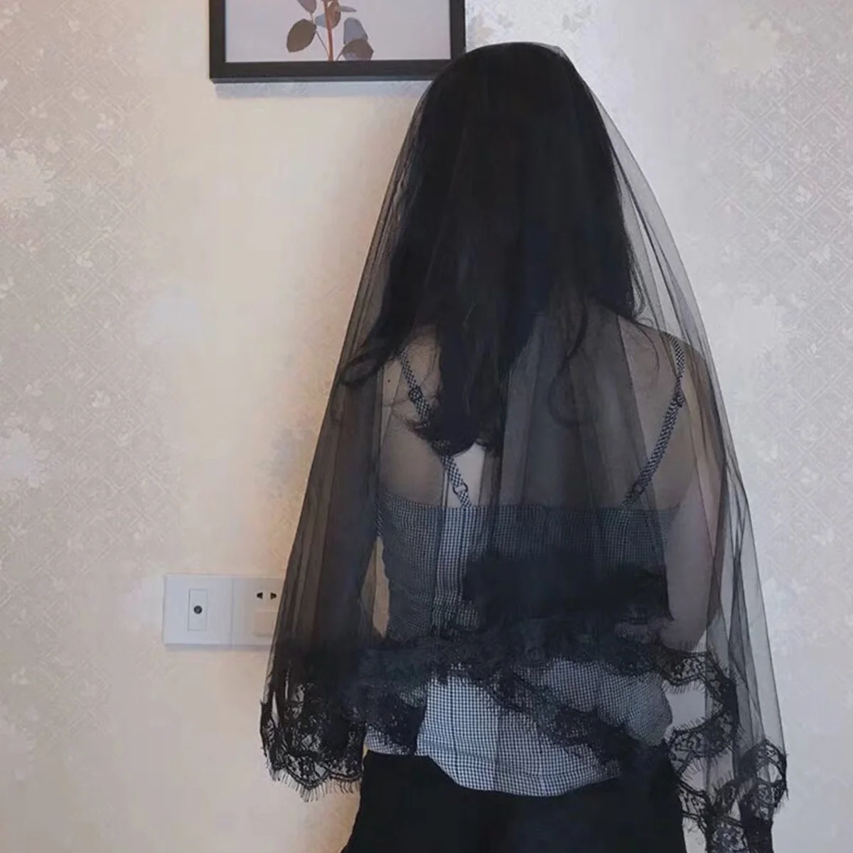 Retro Embroidery Veil Lace Bride Long Black for Photography Wedding Halloween Cosplay