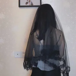 Retro Embroidery Veil Lace Bride Long Black for Photography Wedding Halloween Cosplay