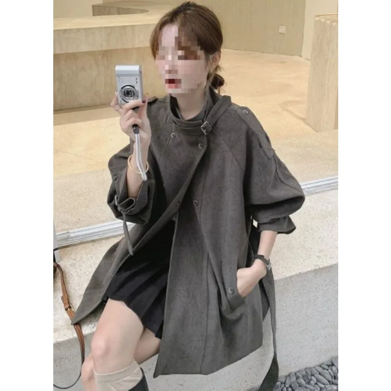 

Женское пальто-тренч средней длины с поясом, воротником-стойкой, в британском стиле, двубортное, элегантная повседневная верхняя одежда