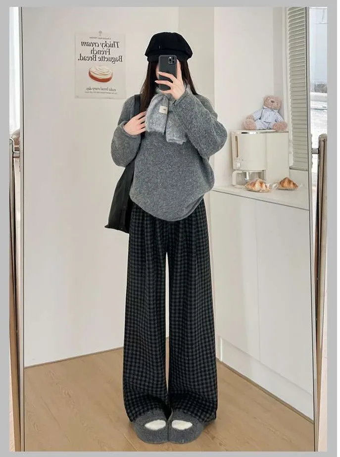 กางเกงขายาวทรงกว้างสำหรับวันหยุดพักผ่อน ผู้หญิง ฤดูใบไม้ร่วง ผ้าซาติน จีบ ทรงปกติ สง่างาม สไตล์มินิมอล ผ้าถักลายตารางแนวตั้ง ย้อนยุค