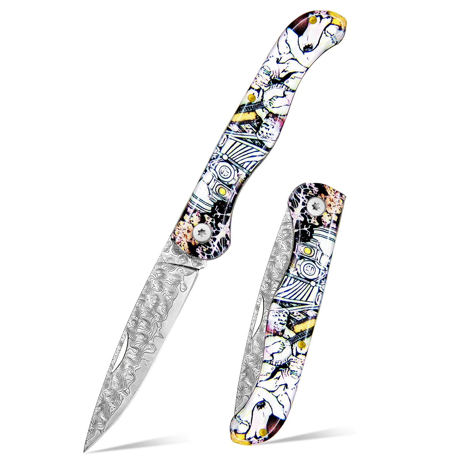 This Folding Pocket Knife Features an Artistic Printed Handle, Damascus Pattern Blade, and Compact Folding Design. The Eye-Catching Handle Style Makes It Stand out from Basic Pocket Tools, while The Portable Size Is Easy to Store in a Pocket, Backpack,
