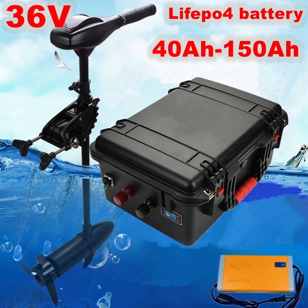 

waterproof Lifepo4 36V 40Ah 60Ah 80Ah 100ah 120Ah 150Ah Lithium battery bms for trolling motor Propeller boat+Charger