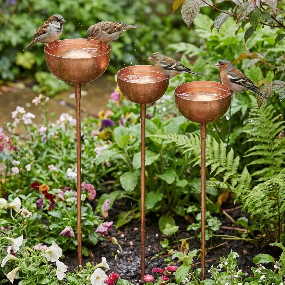3-Tier Bowl Metal Bird Bath Vintage Weathered Decorative Rusty Bird Feeder Garden Stake Long Stem Rain Collectors Yard Art