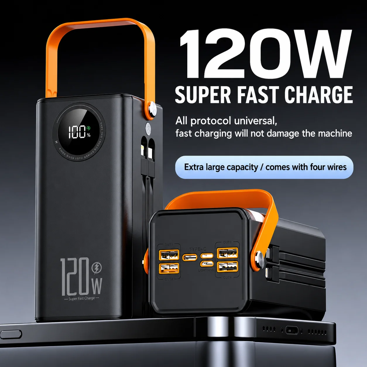 160000mAh 120W Super Fast Charging PowerBank Built-in Cables Large Capacity External Battery Outdoor Camping Mobile Power Supply