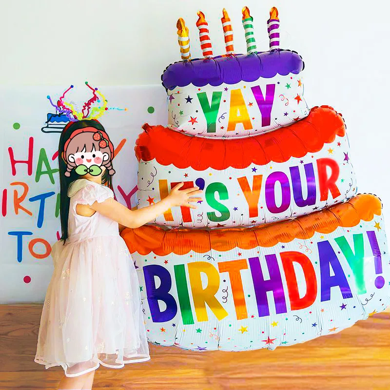 

3D Birthday Cake Aluminum Film Balloon Decoration Colored Double Layer Cake 1 Year Old Baby Shower Birthday Party Supplies