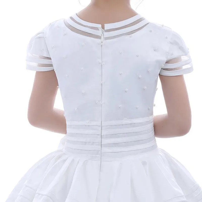 Real Image Kids Pearls Flower Girl Dress Sheer Illusion Short Sleeves Girl Wedding Dresses with Bow Party First Communion Gown