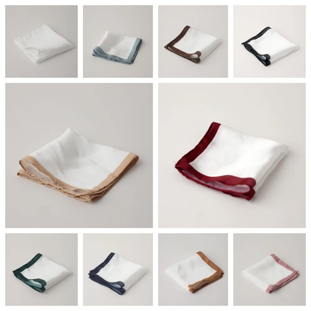 Headwear ชายเกาหลีชุดพ็อกเก็ตสแควร์โพลีเอสเตอร์สีขาวธุรกิจ Hanky Vintage สีขอบหน้าอกผ้าเช็ดตัว Handkercher ชาย