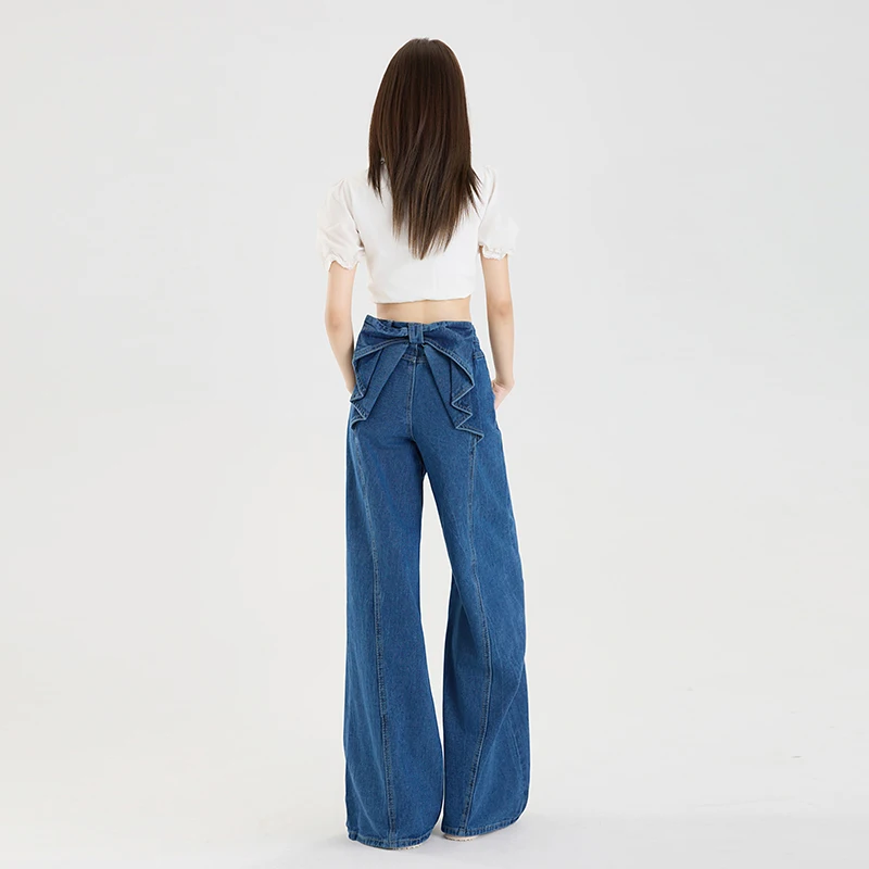 

2025 Spring Summer Blue Butterfly Knot Straight Wed Leg Denim Pants Women High Street Slimming Loose Wide Leg Floor-Length Jeans