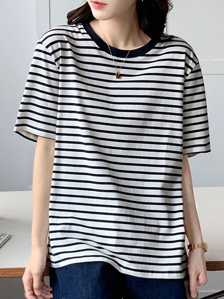 Summer Women Striped Tshirt Tops 2026 Long Sleeve O-Neck T-Shirts Fashion Korean Casual Cotton Loose Tees Femme Top