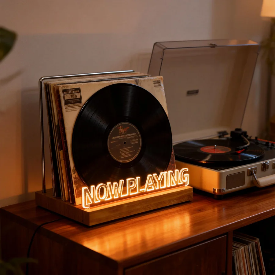 Jetzt läuft: Vinyl-Schallplattenhalter, beleuchteter Vinyl-Schallplattenständer mit fingerabdruckfesten Acryl-Albumhüllen, warmweißes Licht – Detail 4