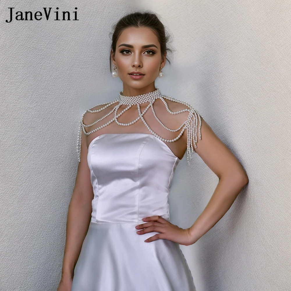 

JaneVini Wedding Banquet Pearl Bridal Shawl Necklace Bolero Wedding Cape Tassel Body Chain Shoulder Wrap Women Shrug Accessories