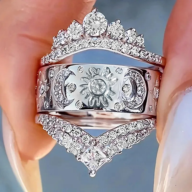 3-piece Set of High-end Floral Zircon Sparkling Rings, Women's European and American Palace Micro Inlaid Jewelry Accessories