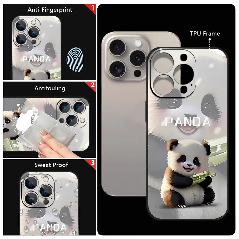 شريط للرسغ الحبل حافظة هاتف من البولي يوريثان آيفون 17 16 15 برو ماكس 12 13 14 برو ماكس اير 11 كارتون الباندا مطبوعة غطاء سيليكون ناعم