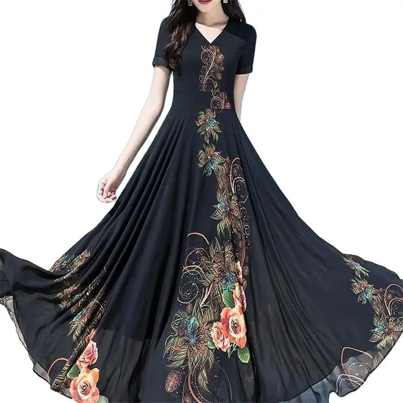 Short Sleeve Chiffon Dress High Waist Print Shows Tall Thin Temperament Super Fairy Big Swing Waist Vacation Beach Long Skirt