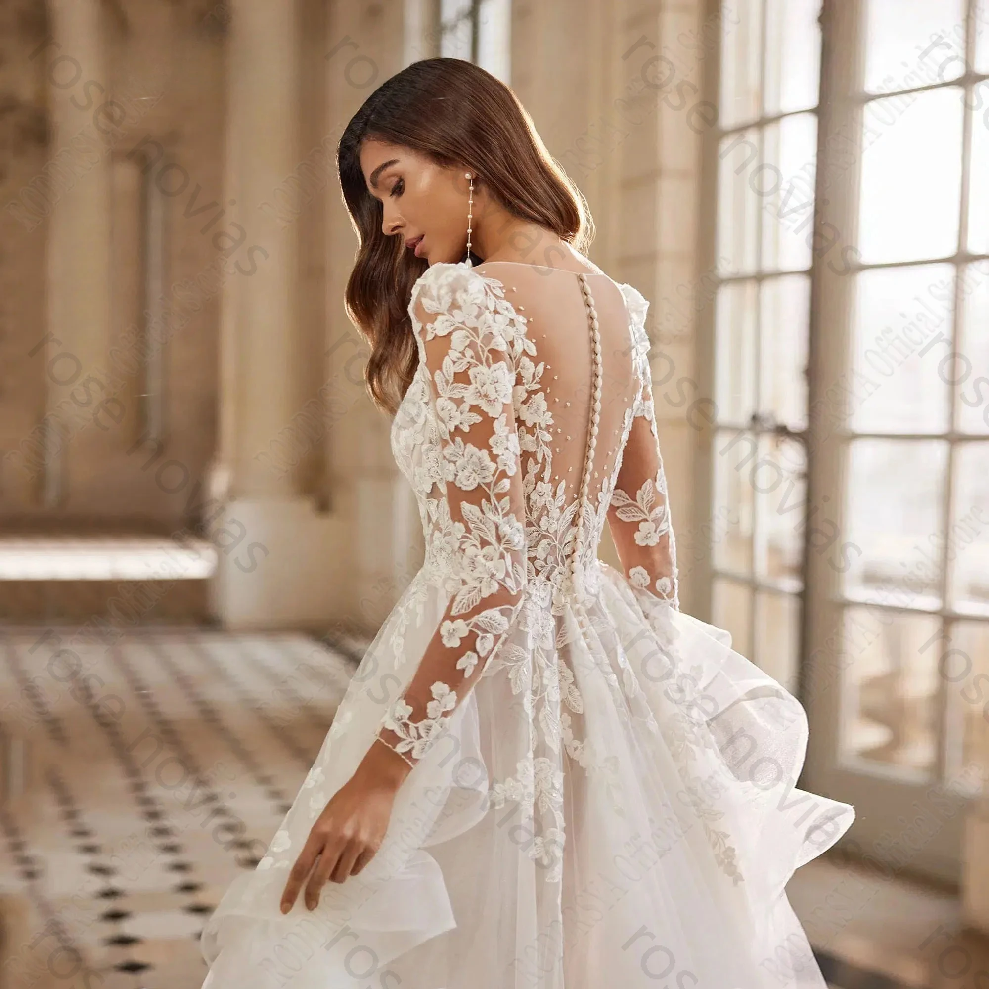 High Quality Charming A-line Wedding Dress Long Sleeve Tiered Tulle Bride Gowns Applique Lace Scoop vestidos de novia Customized