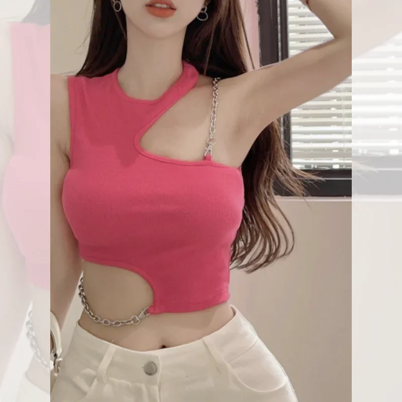 2025 Summer New Versatile French Style Sweet Spicy Irregular Chic Chain Black Beauty Back Suspender Women's Tank Top