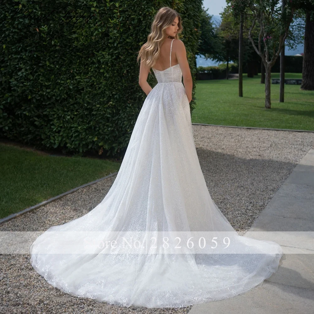 Lceland Poppy Customized A Line Sleeveless Lace Wedding Dresses Illusion Sequins Beaded Bridal Gowns with Court Train