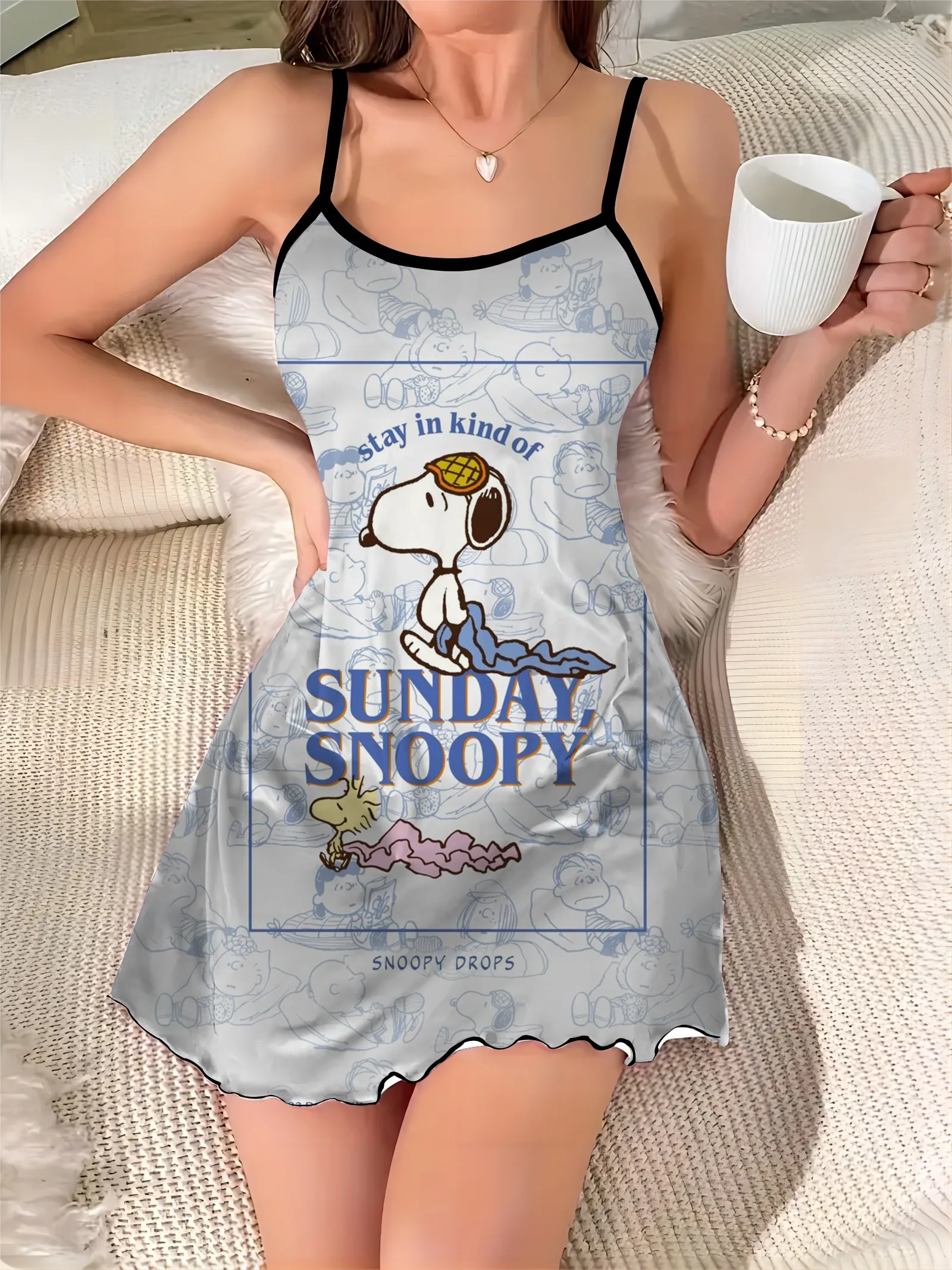 Snoopy Satin Surface Sexy Dress Elegant Dresses for Women Crew Neck Lettuce Trim Pajama Skirt Fashion Summer 2024 Chic Mini Trim