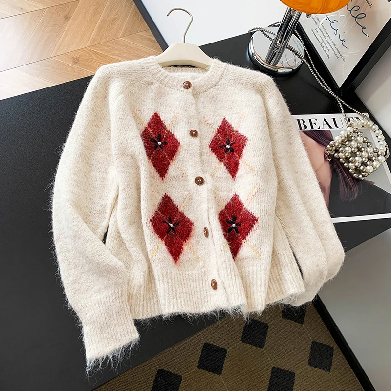 

Корейский свободный вязаный свитер с поясом, женский зимний ленивый мягкий открытый кардиган с ромбовидным воротником, дизайн