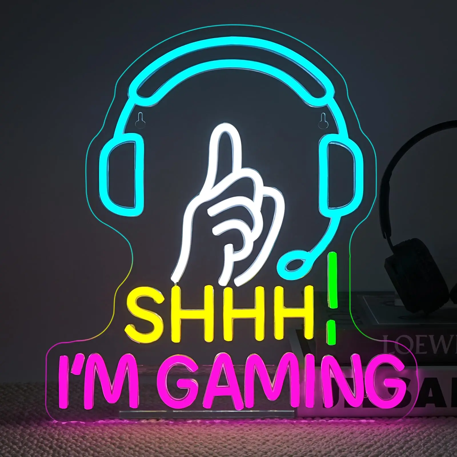 

Shhh I’m Gaming Neon Sign, LED Wall Light with Headset Finger Gesture Design, Gamer Room Neon Decor for Bedroom, Game Room, Gift