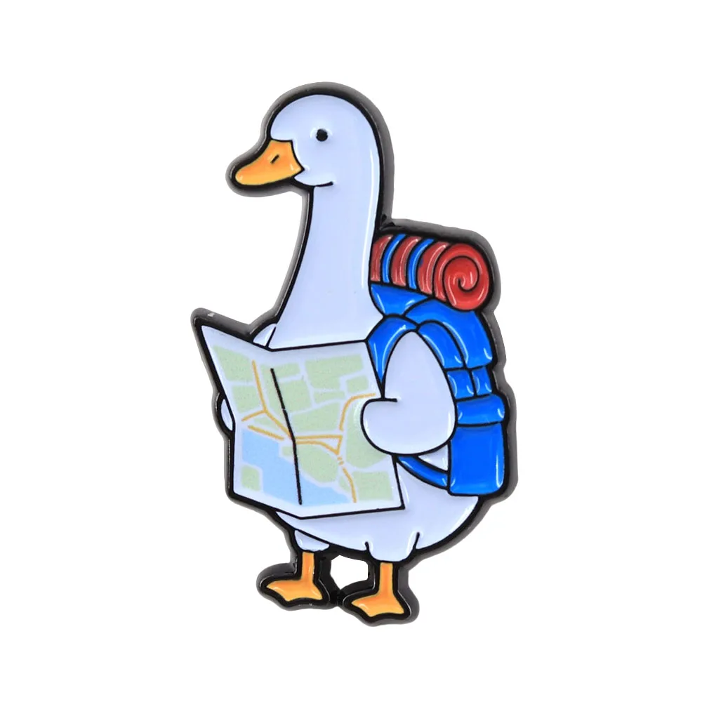 Cute Traveling Goose Enamel Pins Cartoon Frog Riding Bird Horse Drumming Brooches Funny Animal Lapel Badges Backpack Jewelry Gif
