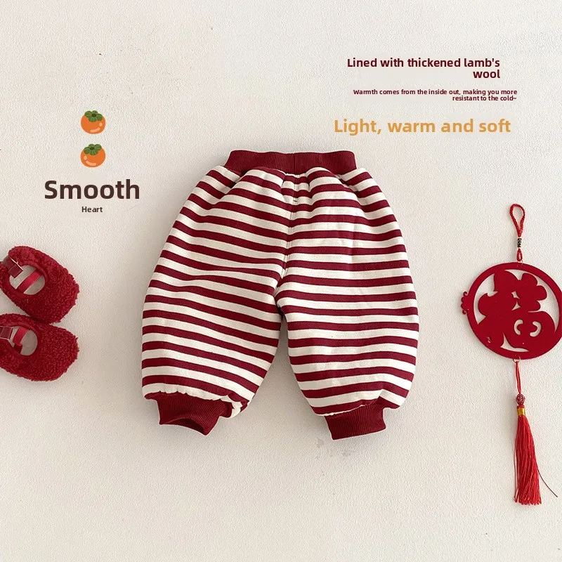 Children's Velvet Sanitary Pants 2025 New Winter Girls' Thick Gold Ingot Festive Striped New Year's Clothing Baby Pants