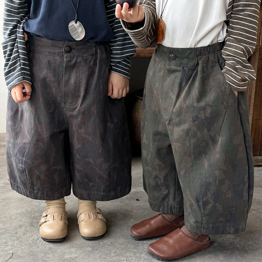 

‌ Осень 202, детские камуфляжные брюки, унисекс, прямые широкие брюки, дышащая эластичная талия для мальчиков и девочек 1-8 лет