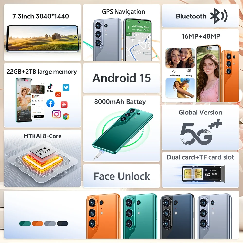 K-Touch Smartphone C27 Ultra 8000mAh Battery Mobile Phones Android 15 Face ID Unlock Cell Phone 5G Dual SIM 7.3inch Full Display 22GB+2TB 16+48MP Cellphones