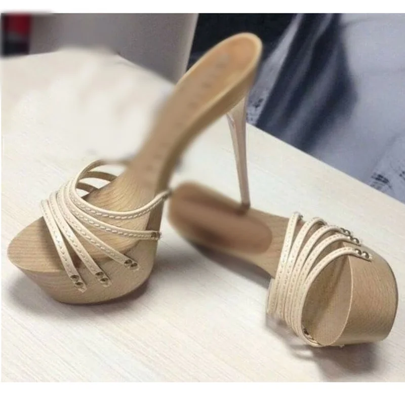 

White Wood Pattern Slip On Hollow Sandals Thin High Heel Sexy Fashion Cool Summer Casual Big Size Woman Shoes Zapatillas Mujer