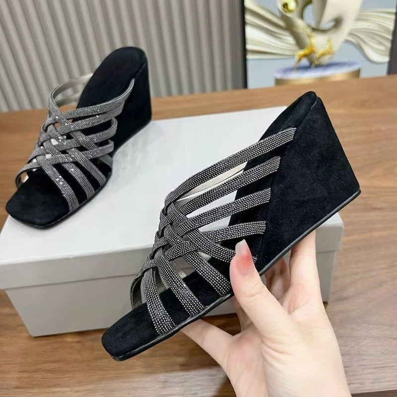 Wedges Heel Square Toe Slippers Women Narrow Band Metal String Bead Decor Lazy Sandals Summer Party Banquet Dress Shoes 2025