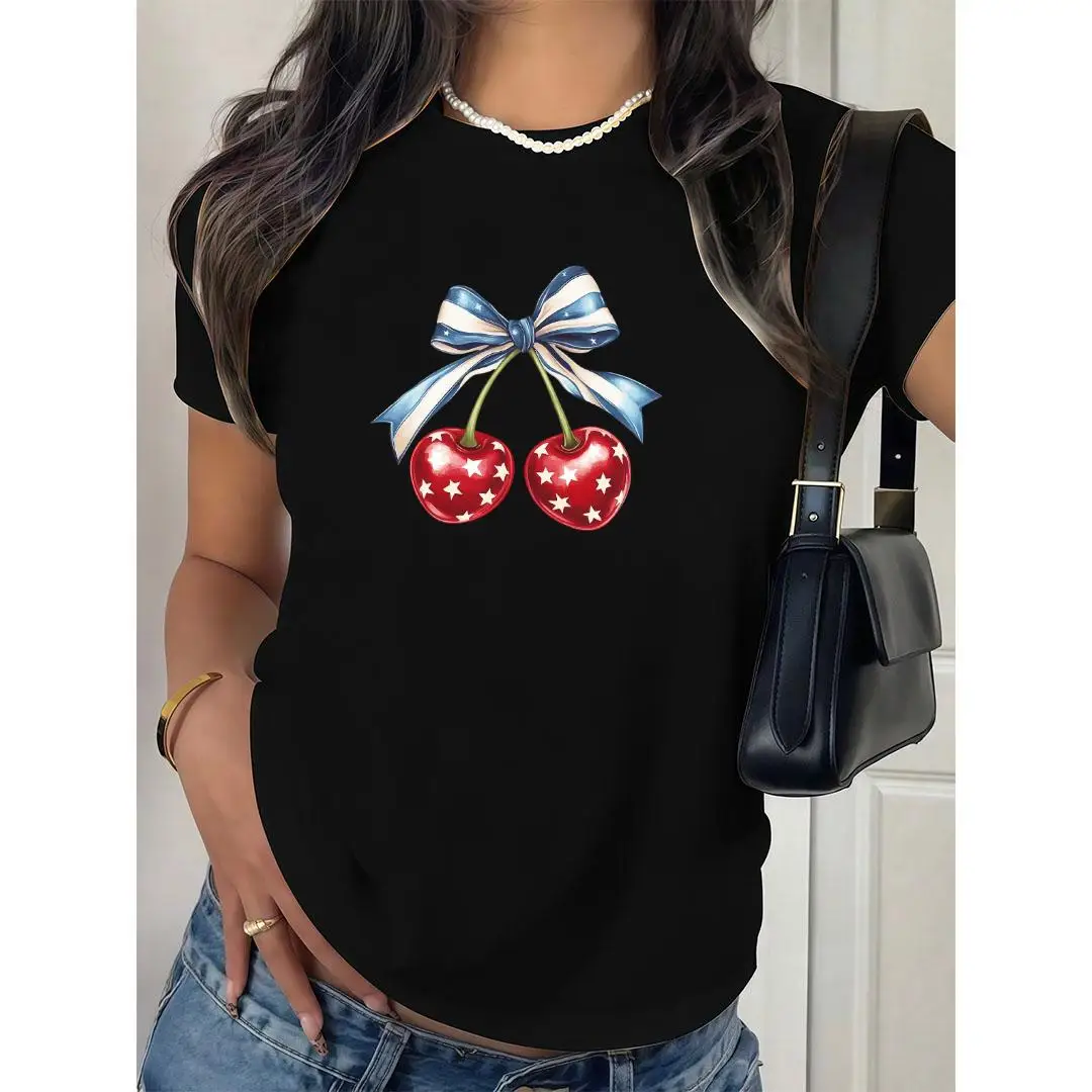 

American T-shirt, Cherry Graphic Tee, Patriotic Slogan Top, USA Flag Stars and Stripes Shirt, Unisex Summer T-shirt