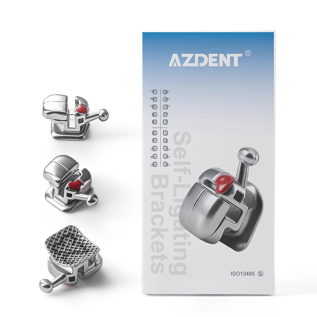 28 Stück/Box AZDENT Zahnspangen Selbstligierende Brackets mit Netzbasis, runden Kanten, Dual-Draht, Roth MBT 0.022, Bukkalröhrchen – Detail 1